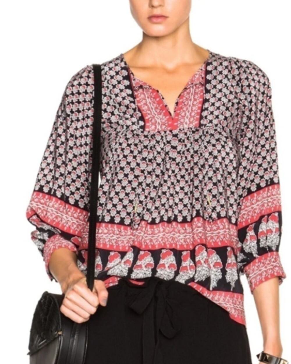 Ulla Johnson Bea Top Dark Indian Floral 100% Silk Boho Blouse 3/4 Sleeve Size 8